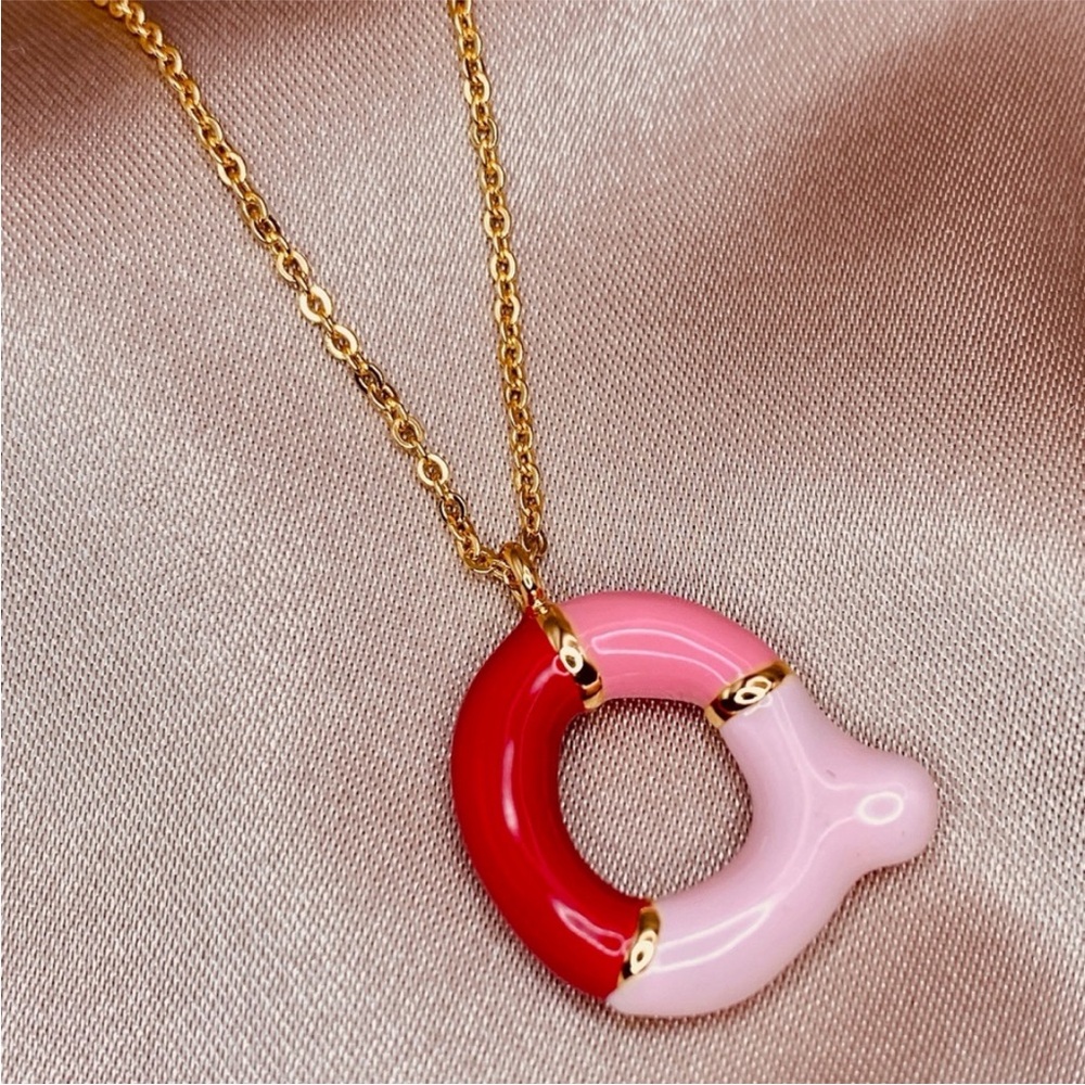 Pink & Red Enamel Balloon Letter Q Pendant Dainty Gold Necklace